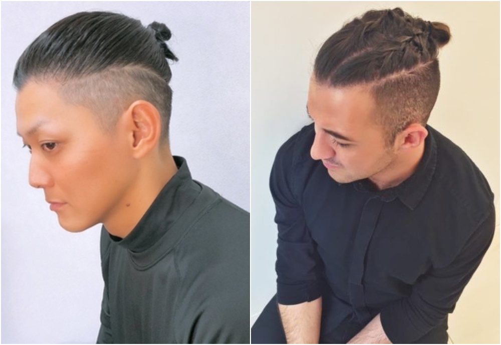 「鏟青」丸子頭兩側「鏟青」 Undercut 而頭頂的髮絲留有一定長度,可使用橡筋簡單束起丸子頭。
