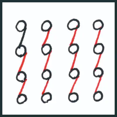 4. 用以上的畫法,將每個圓圈的右下方,畫一條斜線到下面圓圈的左上方,直到直排的所有圓圈都被斜線連接起來。