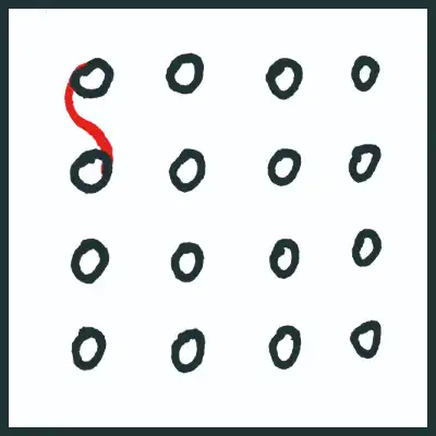 2. 這次我們用一個英文字母S 來連結兩個圓圈。從左上方第一個圓圈的外圍上方中間處,開始畫一個S 形的字母,直到彎到下方圓圈的外圍下方中間處結束。