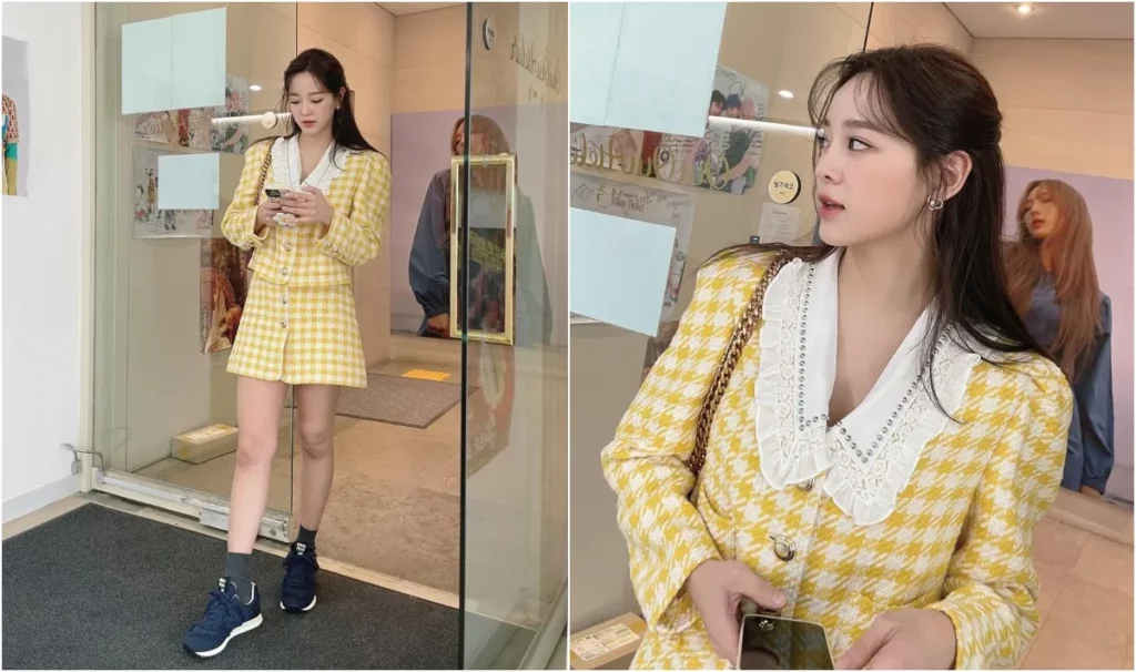 金世正的復古黃色格仔套裝,就是讓人一見傾心的約會穿搭!