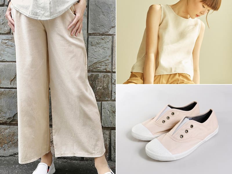 奶茶色帆布鞋搭裸色系服裝
