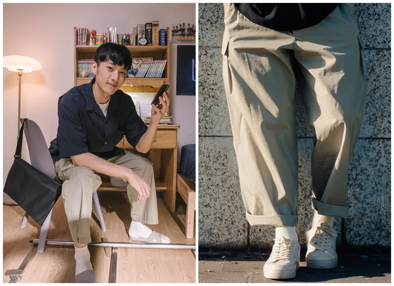 在房間跟 Siri 閒聊的男大生,下半身穿著 Machismo 推出的軍工褲。